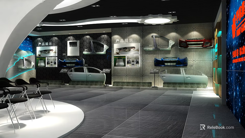 Modern Car Showroom Interior With Displayed Auto Parts Models And Lighting 3d model 