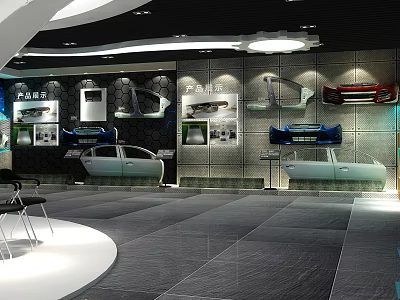 Modern Car Showroom Interior With Displayed Auto Parts Models And Lighting 3d model