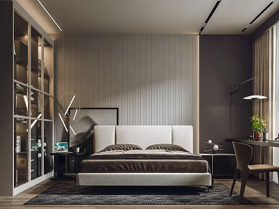 Modern Bedroom Interior Design With Striped Wall Paneling White Upholstered Bed And Area Rug 3d model