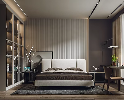 Modern Bedroom Interior Design With Striped Wall Paneling White Upholstered Bed And Area Rug 3d model