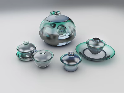 Modern Transparent Green Glass Tea Set With Teapot Cups Lids And Tray 3d model