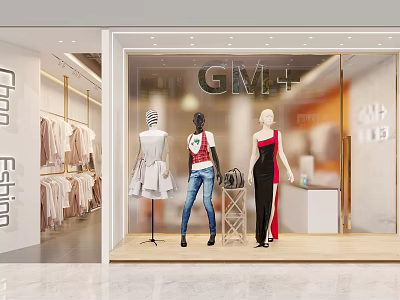 Modern Clothing Store Window Display With Mannequins In Stylish Outfits And Hanging Clothes 3d model