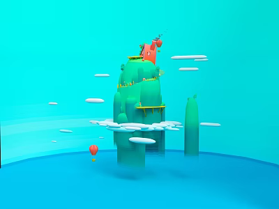 Colorful Cartoon Underwater Scene With Green Rock Formation Red Character Red Balloon And White Clouds 3d model