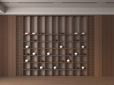 Modern Wooden Shelf Unit Featuring Square Compartments White Spherical Objects and Hollow Pattern Side Panels 3d model