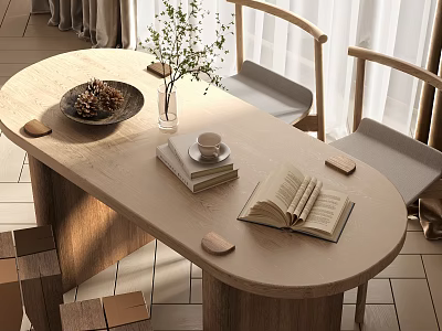 Oval Wooden Dining Table Set with Two Chairs Book Coffee Cup And Pine Cone Plate 3d model