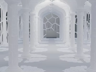 White Arched Corridor Interior With Elegant Columns Patterned Floor And Geometric Door 3d model