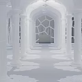 White Arched Corridor Interior With Elegant Columns Patterned Floor And Geometric Door 3d model