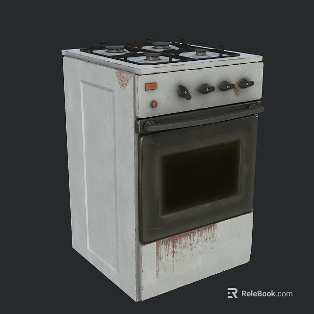 Vintage White Freestanding Gas Stove with Worn Surface Black Oven Door and Four Burners 3d model 