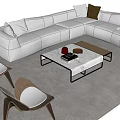 White L shaped Sofa and Coffee Table Set with Pillows Modern Chairs and Light Rug