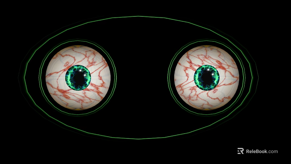 Human Eyes With Green Pupils And Red Blood Vessels And Green Outline On Black Background 3d model 