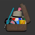 Open Brown Suitcase with Pink Flamingo Toy Straw Hat Blue Straw Colorful Cups and Shovel