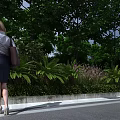 Municipal Road With Lush Green Trees Ferns Bushes And Pedestrian Walking On Sidewalk