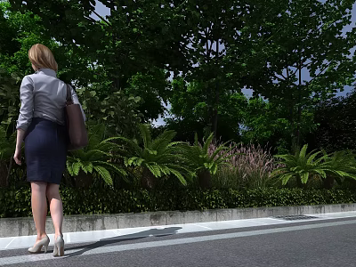 Municipal Road With Lush Green Trees Ferns Bushes And Pedestrian Walking On Sidewalk 3d model