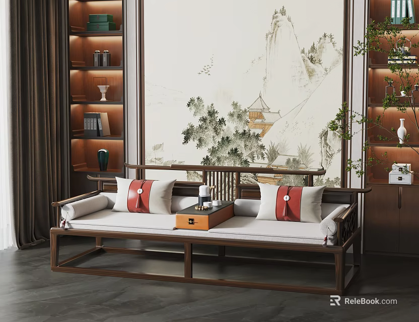 Traditional Chinese Arhat Bed with Wooden Frame Red Cushions and Landscape Painting in Living Room 3d model 