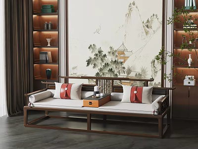 Traditional Chinese Arhat Bed with Wooden Frame Red Cushions and Landscape Painting in Living Room 3d model