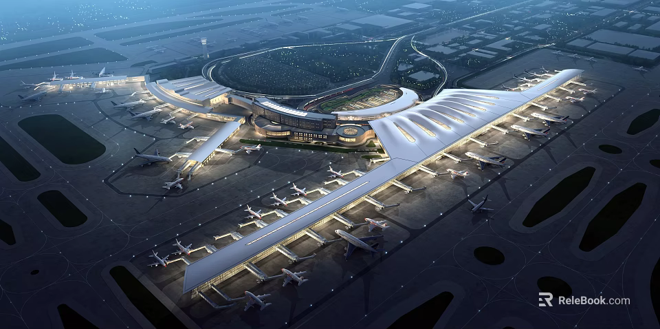 Modern Airport Terminal Architecture With Runways And Parked Airplanes At Night 3d model 