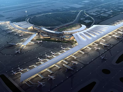 Modern Airport Terminal Architecture With Runways And Parked Airplanes At Night 3d model