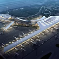 Modern Airport Terminal Architecture With Runways And Parked Airplanes At Night
