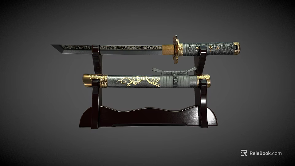 Traditional Samurai Sword With Decorative Scabbard Handle And Wooden Stand 3d model 