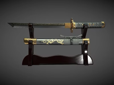 Traditional Samurai Sword With Decorative Scabbard Handle And Wooden Stand 3d model