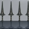 Four Decorative Swords With Intricate Patterns Standing On Smooth Surface With Reflections 3d model