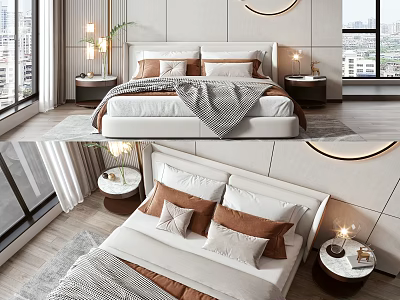 Modern Bedroom Background Double Bed with Headboard Pillows Blanket Nightstands and Table Lamps 3d model