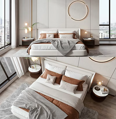 Modern Bedroom Background Double Bed with Headboard Pillows Blanket Nightstands and Table Lamps 3d model