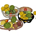 Fresh Lemons Avocados Peaches And Apples In White Black And Brown Fruit Bowls