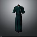 Green Long Dress with Short Sleeves Collar Belt and Decorative Patch