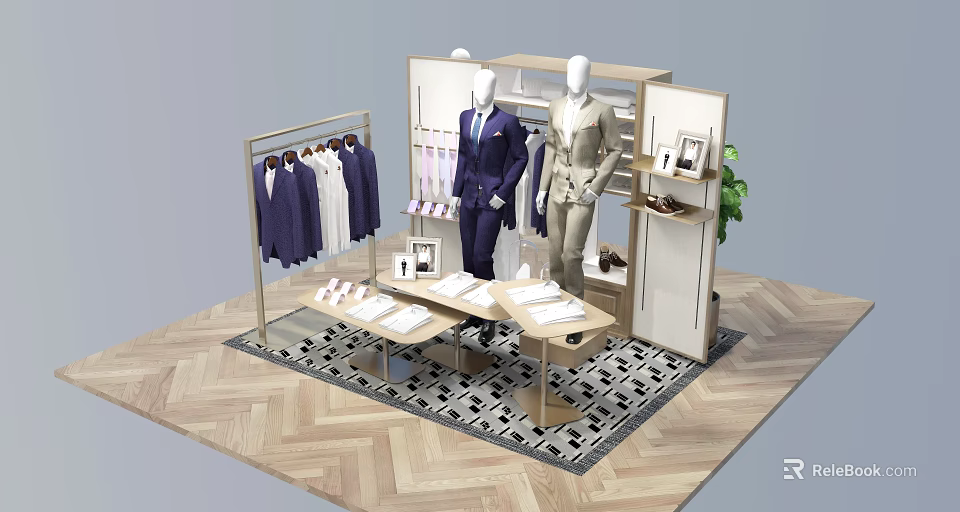 Elegant Men's Apparel Store Interior With Suits Mannequins Clothing Rack And Display Tables 3d model 