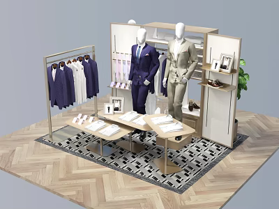 Elegant Men's Apparel Store Interior With Suits Mannequins Clothing Rack And Display Tables 3d model