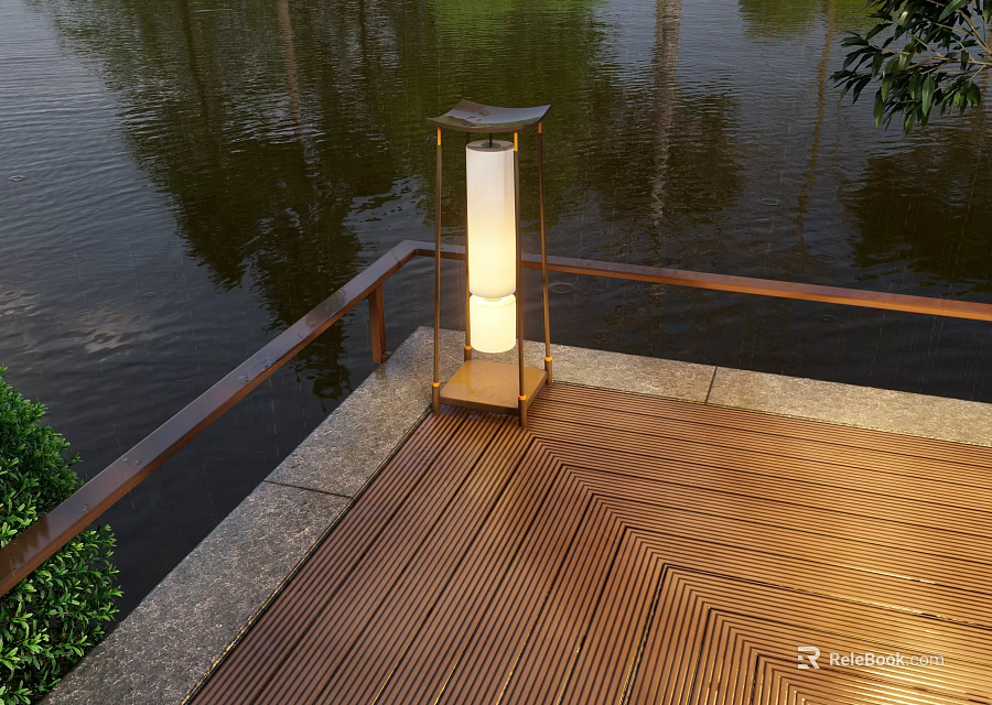 Outdoor Light on Wooden Deck with Railing Near Water and Natural Surroundings 3d model 