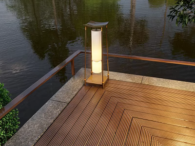 Outdoor Light on Wooden Deck with Railing Near Water and Natural Surroundings 3d model