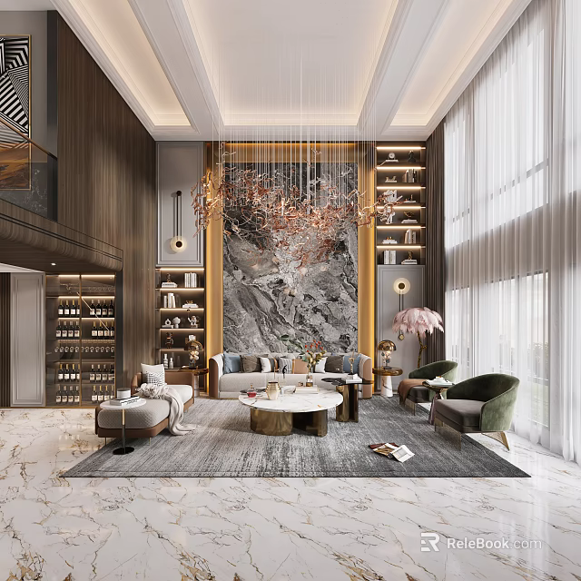 Duplex Living Room With Grand Chandelier Marble Accent Wall And Modern Luxurious Interior 3d model 