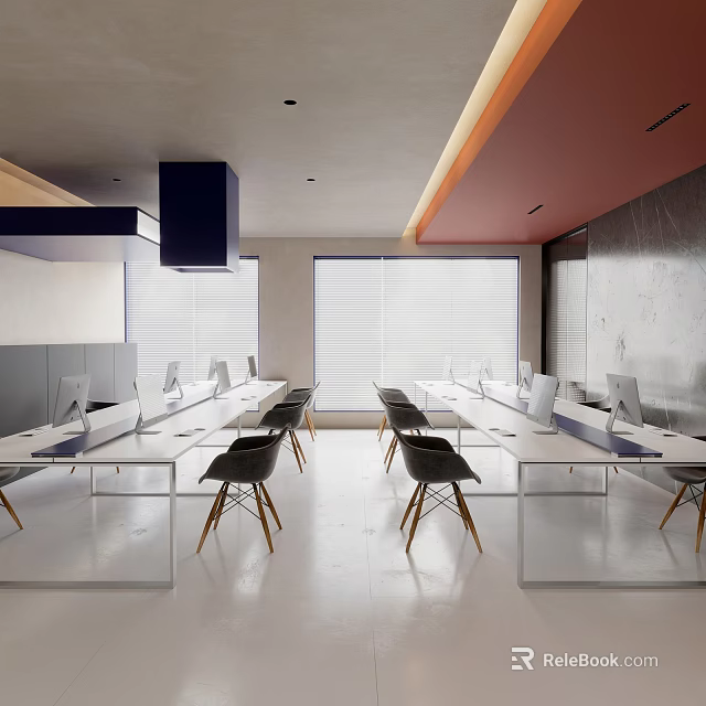 Spacious Modern Public Office Space Interior With Desks Computers Large Windows And Ergonomic Chairs 3d model 