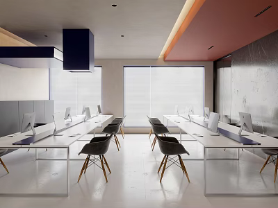 Spacious Modern Public Office Space Interior With Desks Computers Large Windows And Ergonomic Chairs 3d model