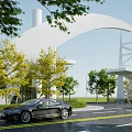 Modern Architectural Entrance Gate With Yellow Leaf Trees And Black Cars On Road