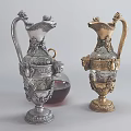 Ornate Silver And Gold Vases With Floral Patterns And Glass Decanter