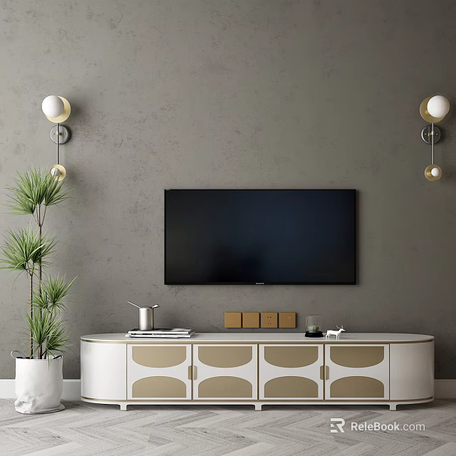 White and Beige TV Stand with Black TV Wall Sconces Green Plant and Decorative Items 3d model 