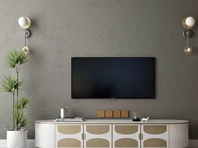 White and Beige TV Stand with Black TV Wall Sconces Green Plant and Decorative Items 3d model