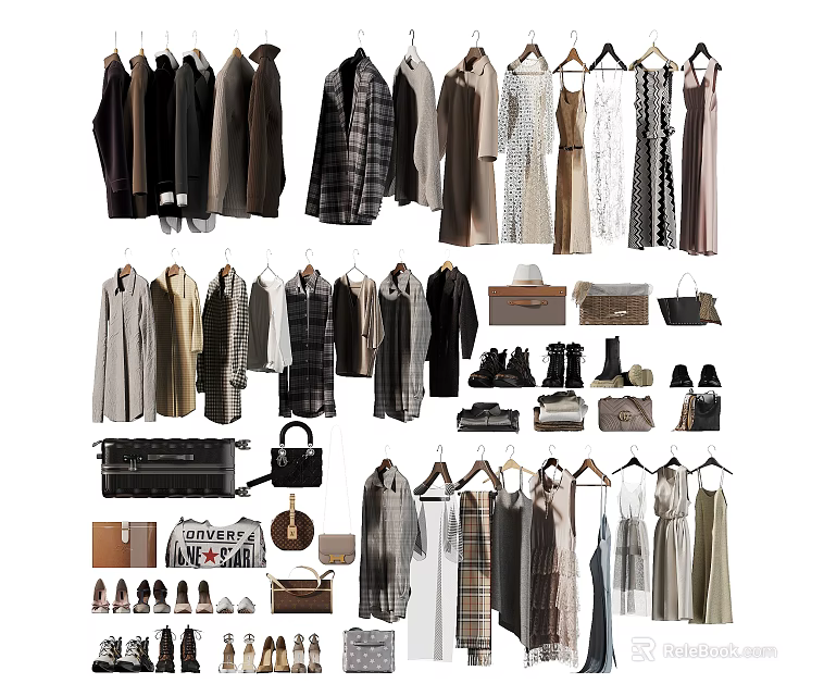 Stylish Clothes Display Featuring Dresses Coats Bags Shoes And Accessories 3d model 