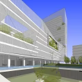 Modern Office Building Plaza With Lush Greenery Pedestrian Walkways And Open Areas