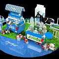 Christmas Themed Commercial Display Setup With Blue White Striped Awning Milk Products And Cow Decorations