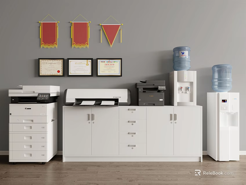 Essential Office Appliances Including Printers Water Dispensers And Storage Cabinets 3d model 