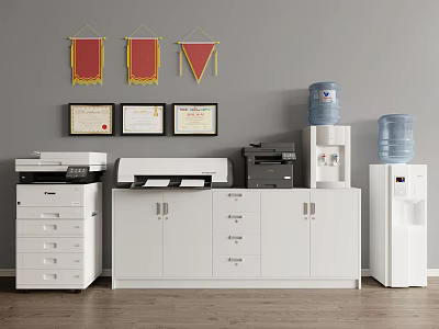 Essential Office Appliances Including Printers Water Dispensers And Storage Cabinets 3d model