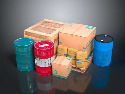 Colored Storage Drums With Cardboard Boxes Wooden Crate And Packages 3d model