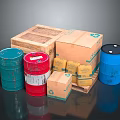 Colored Storage Drums With Cardboard Boxes Wooden Crate And Packages 3d model