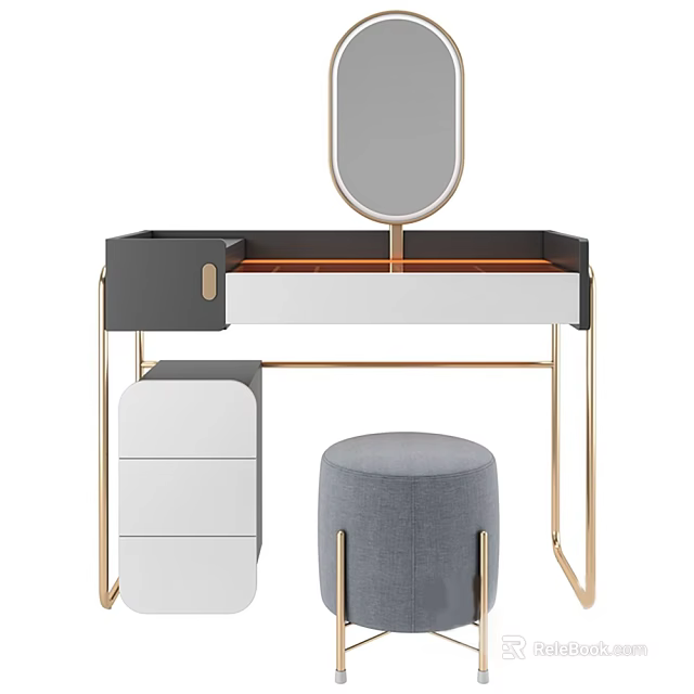 Modern Vanity Table With Gold Frame White Drawers Mirror And Gray Stool 3d model