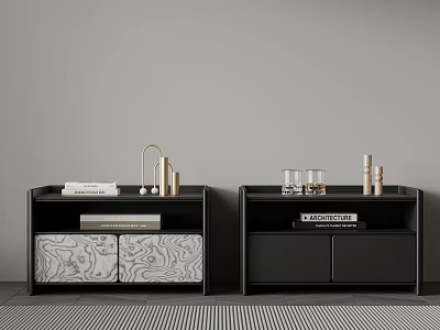 Modern Black Bedside Tables With Marble Drawers And Decorative Books Glasses 3d model