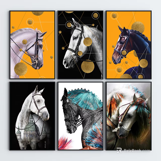 Modern Abstract Horse Art Prints With Colorful Portraits Golden Circles And Geometric Patterns 3d model 